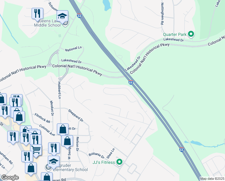 map of restaurants, bars, coffee shops, grocery stores, and more near 504 Queensbury Lane in Williamsburg