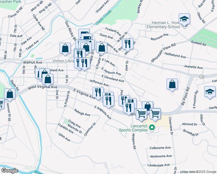 map of restaurants, bars, coffee shops, grocery stores, and more near 425 Jefferson Avenue in Vinton
