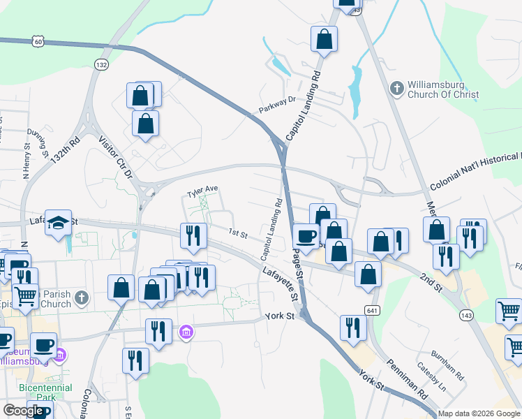 map of restaurants, bars, coffee shops, grocery stores, and more near 106 Washington Street in Williamsburg
