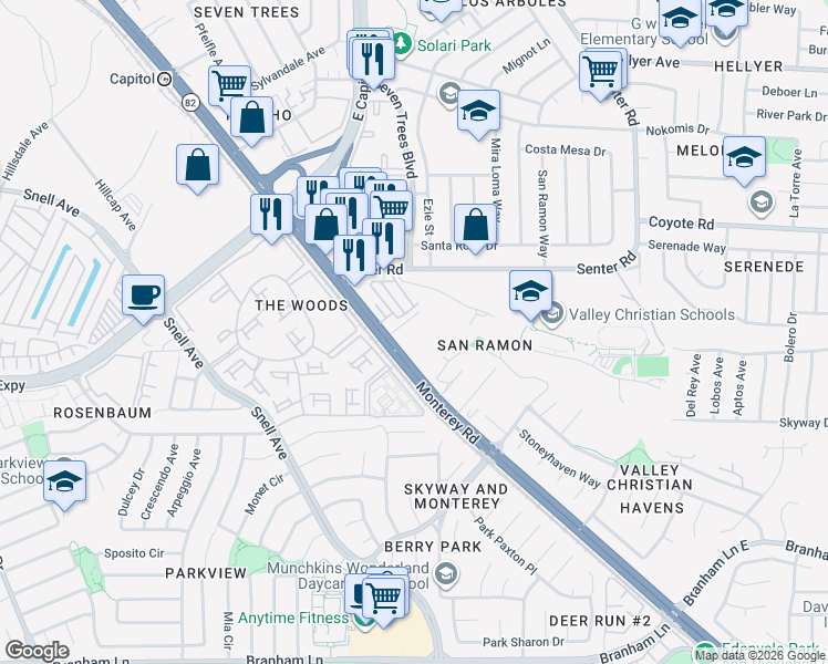 map of restaurants, bars, coffee shops, grocery stores, and more near 4234 Monterey Road in San Jose