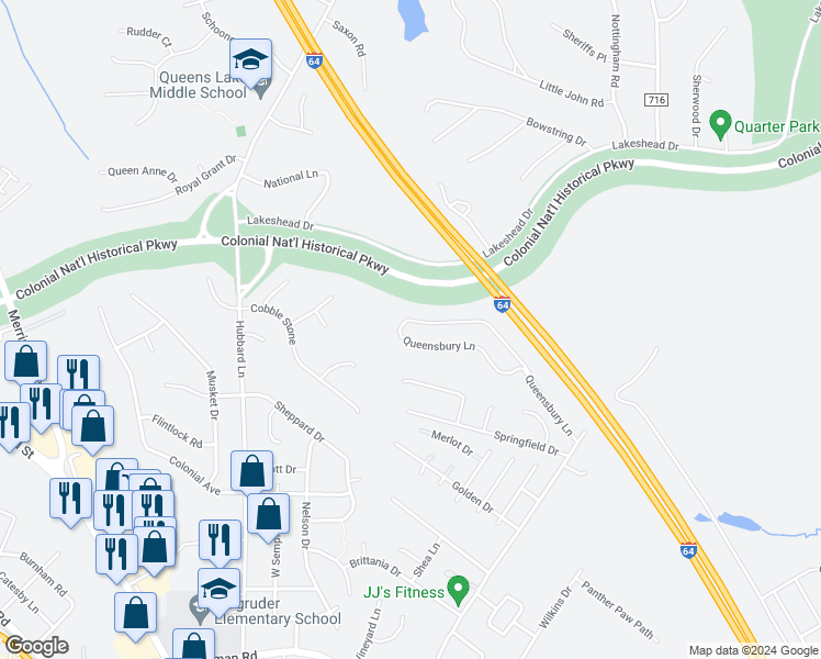 map of restaurants, bars, coffee shops, grocery stores, and more near 600 Queensbury Lane in Williamsburg
