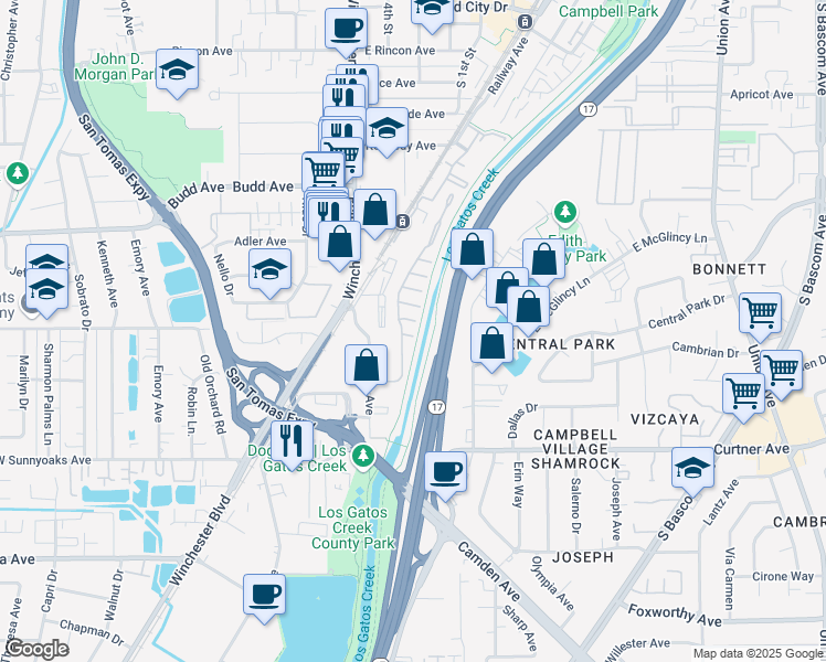 map of restaurants, bars, coffee shops, grocery stores, and more near 11 Timber Cove Drive in Campbell