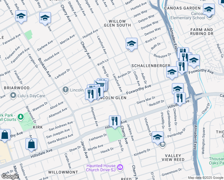 map of restaurants, bars, coffee shops, grocery stores, and more near 2929 Kring Drive in San Jose