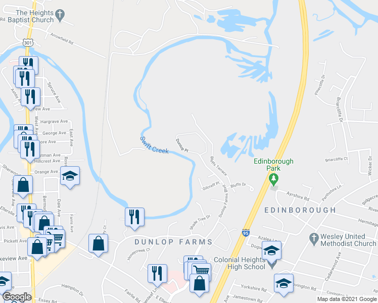 map of restaurants, bars, coffee shops, grocery stores, and more near 1001 Dunlop Place in Colonial Heights
