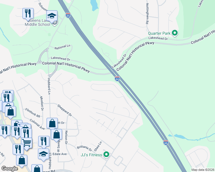 map of restaurants, bars, coffee shops, grocery stores, and more near 408 Queensbury Lane in Williamsburg