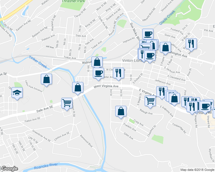 map of restaurants, bars, coffee shops, grocery stores, and more near 339 West Virginia Avenue in Vinton