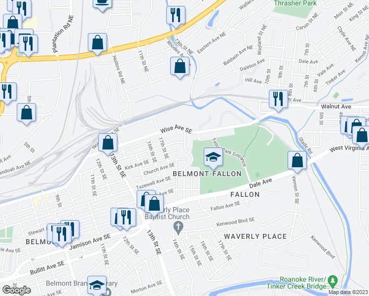 map of restaurants, bars, coffee shops, grocery stores, and more near 215 18th Street Southeast in Roanoke