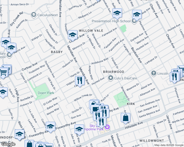 map of restaurants, bars, coffee shops, grocery stores, and more near 2602 Aragon Way in San Jose