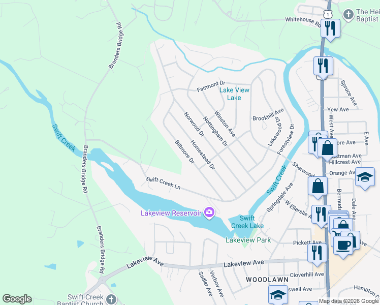 map of restaurants, bars, coffee shops, grocery stores, and more near 213 Biltmore Drive in Colonial Heights