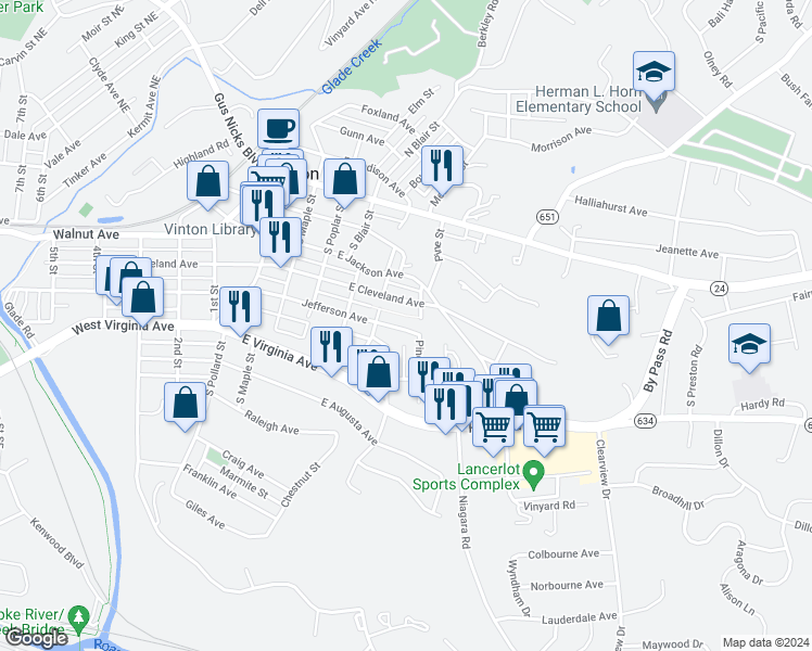 map of restaurants, bars, coffee shops, grocery stores, and more near 530 Jefferson Avenue in Vinton