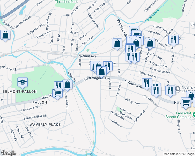 map of restaurants, bars, coffee shops, grocery stores, and more near West Virginia Avenue in Vinton