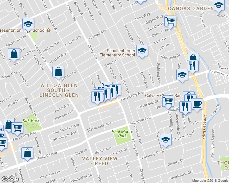 map of restaurants, bars, coffee shops, grocery stores, and more near 2889 Cherry Ave in San Jose