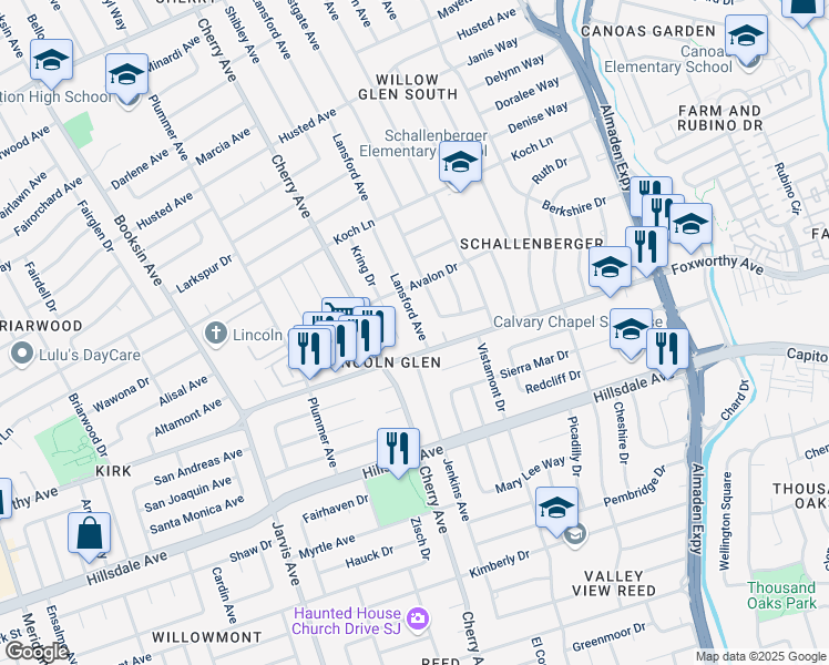 map of restaurants, bars, coffee shops, grocery stores, and more near 2949 Lansford Avenue in San Jose