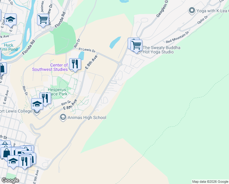 map of restaurants, bars, coffee shops, grocery stores, and more near 922 County Road 238 in Durango