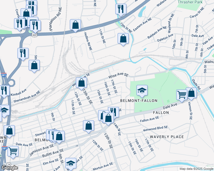 map of restaurants, bars, coffee shops, grocery stores, and more near 1602 Campbell Avenue Southeast in Roanoke