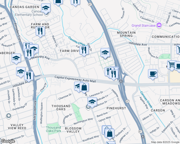 map of restaurants, bars, coffee shops, grocery stores, and more near 765 Capitol Expressway Auto Mall in San Jose