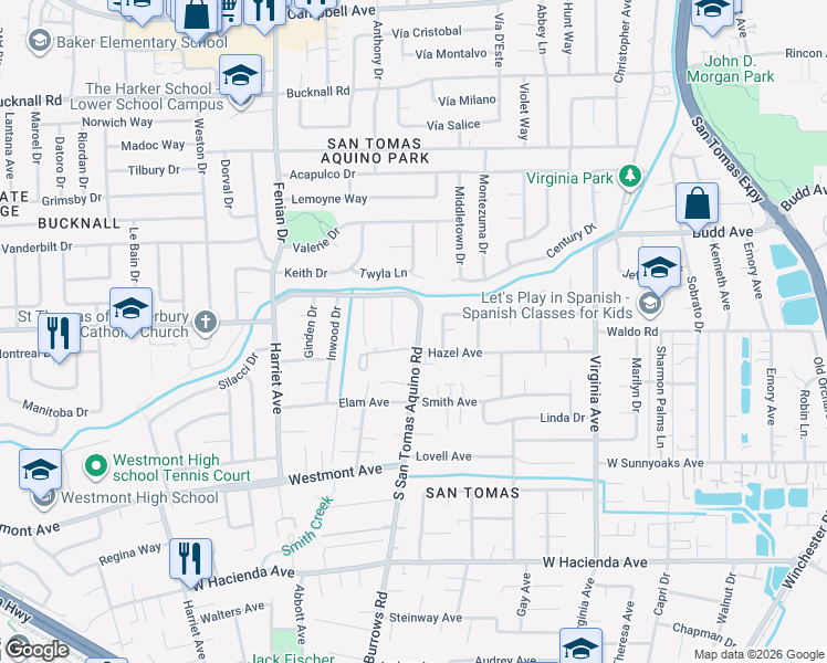 map of restaurants, bars, coffee shops, grocery stores, and more near 733 South San Tomas Aquino Road in Campbell