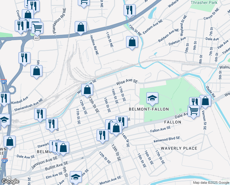 map of restaurants, bars, coffee shops, grocery stores, and more near 1602 Campbell Avenue Southeast in Roanoke