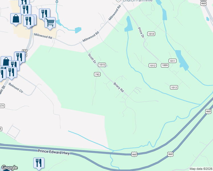 map of restaurants, bars, coffee shops, grocery stores, and more near Pineside Drive in Farmville