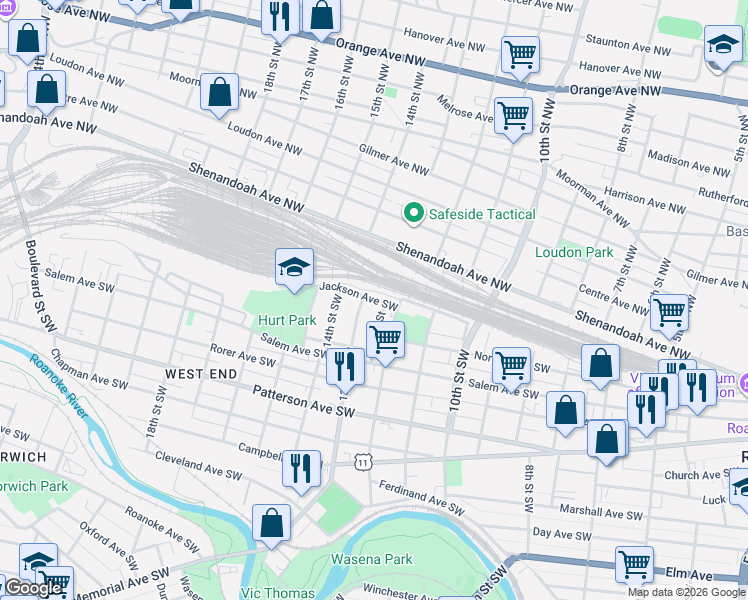 map of restaurants, bars, coffee shops, grocery stores, and more near 1259 Jackson Avenue Southwest in Roanoke