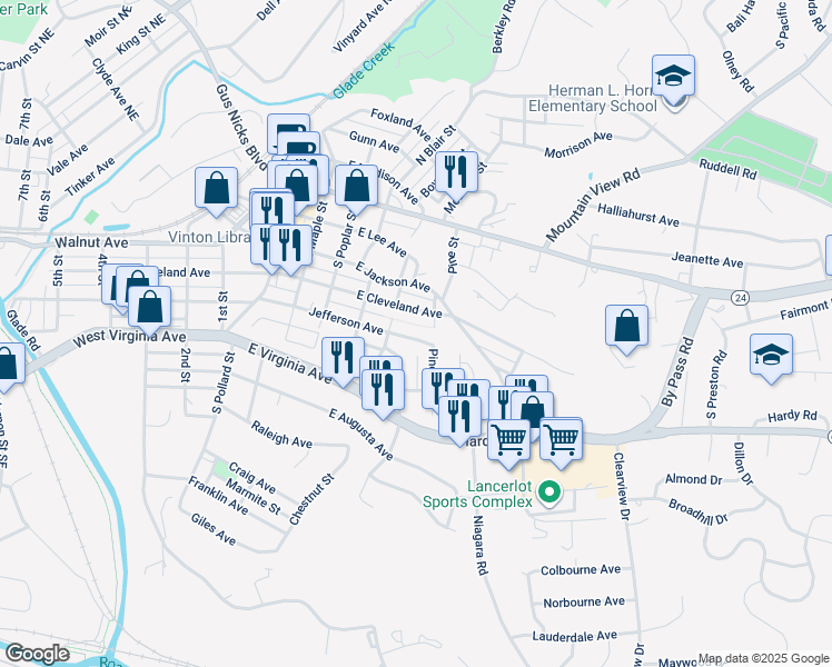 map of restaurants, bars, coffee shops, grocery stores, and more near 524 Jefferson Avenue in Vinton