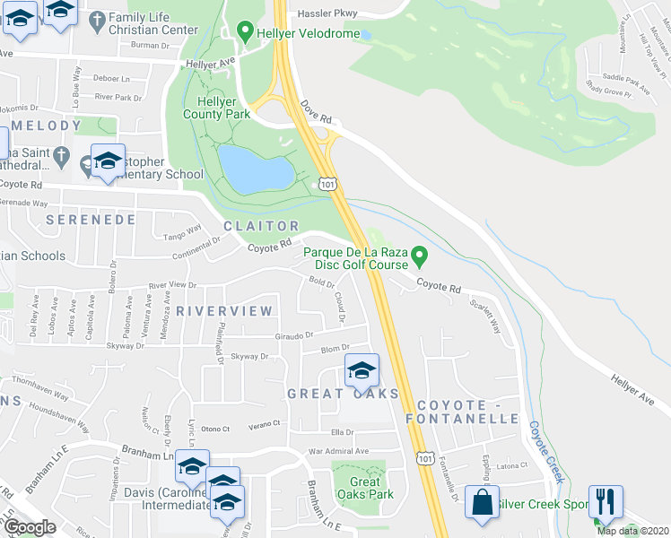 map of restaurants, bars, coffee shops, grocery stores, and more near 4755 Snow Drive in San Jose