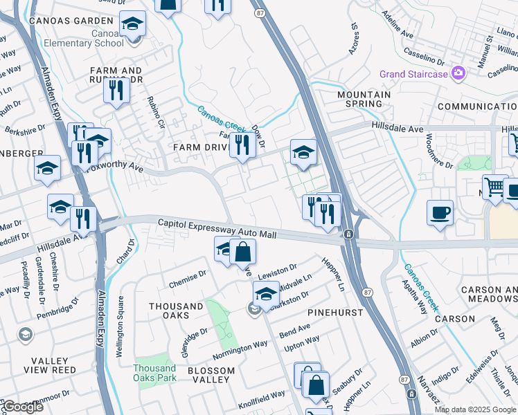 map of restaurants, bars, coffee shops, grocery stores, and more near 765 W Capitol Expy in San Jose