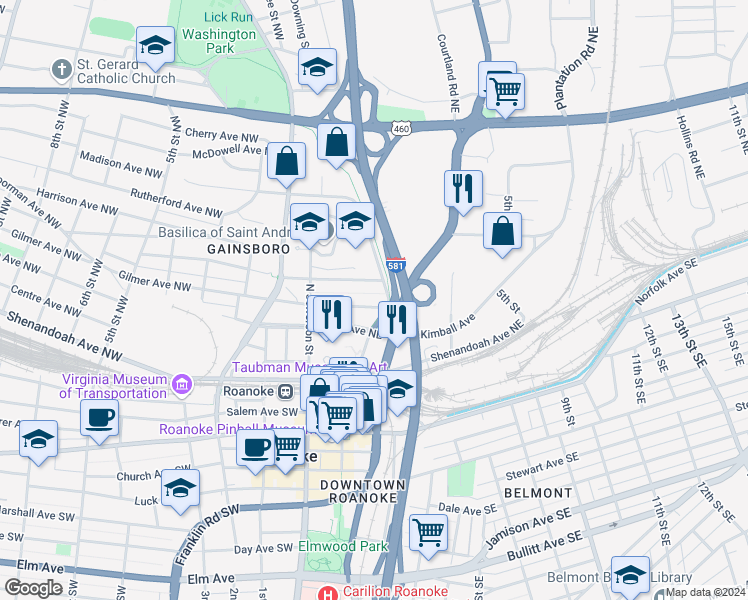 map of restaurants, bars, coffee shops, grocery stores, and more near in Roanoke