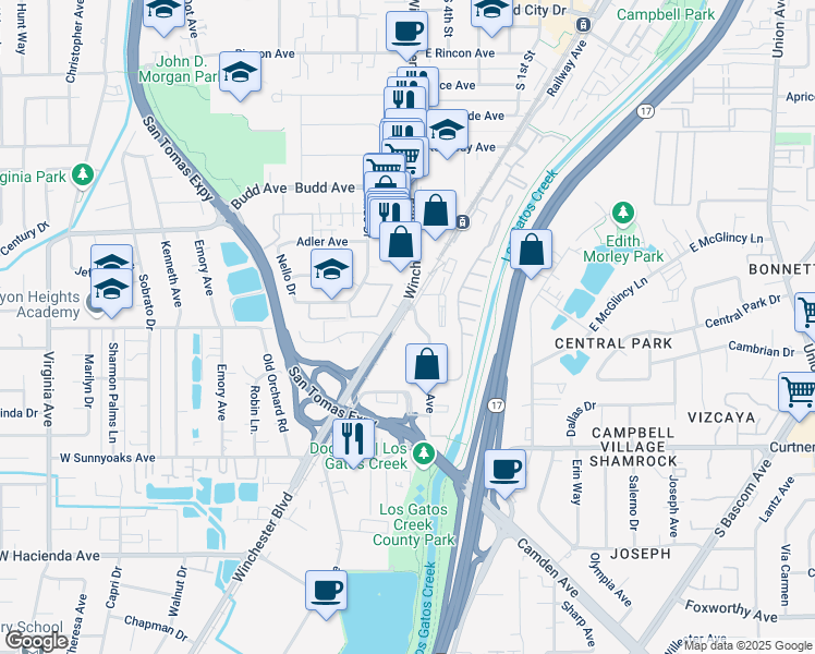 map of restaurants, bars, coffee shops, grocery stores, and more near 743 Camden Avenue in Campbell