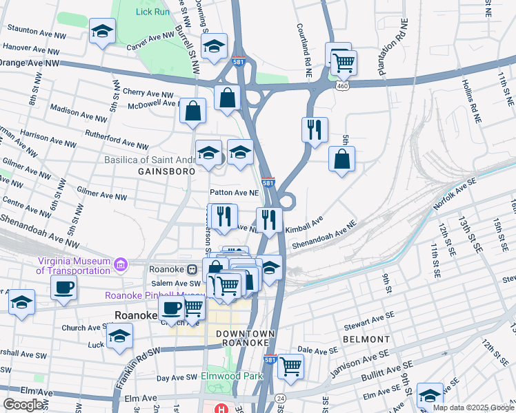 map of restaurants, bars, coffee shops, grocery stores, and more near in Roanoke