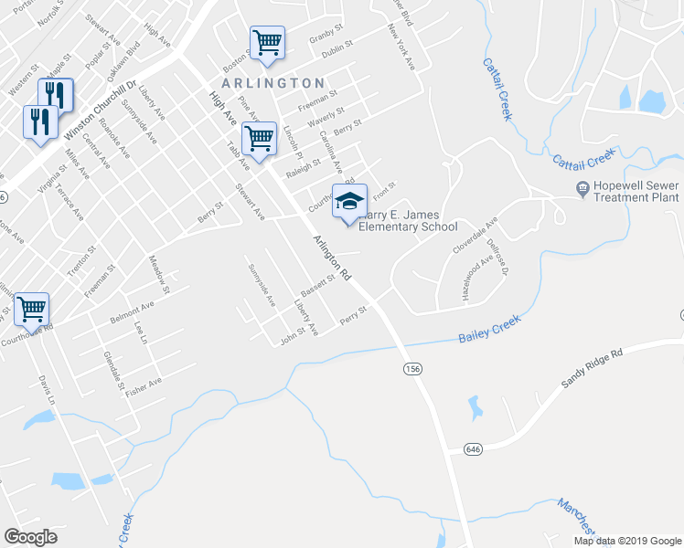 map of restaurants, bars, coffee shops, grocery stores, and more near 1900 Arlington Road in Hopewell