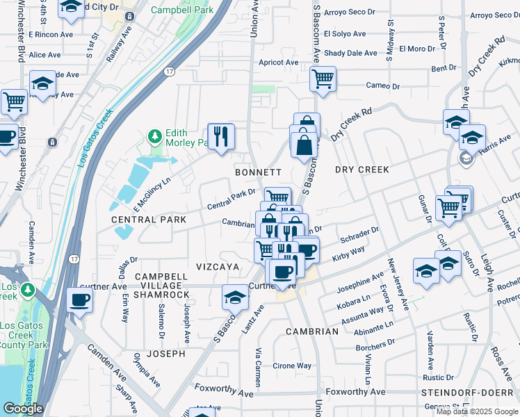 map of restaurants, bars, coffee shops, grocery stores, and more near 761 Union Avenue in Campbell
