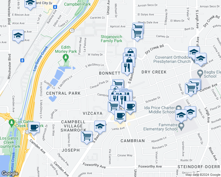 map of restaurants, bars, coffee shops, grocery stores, and more near 761 Union Avenue in Campbell