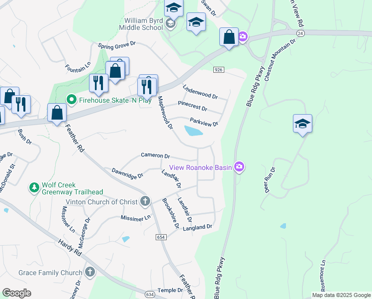 map of restaurants, bars, coffee shops, grocery stores, and more near 461 Maplewood Drive in Vinton