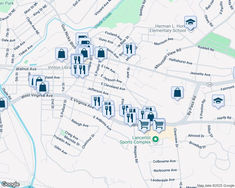 map of restaurants, bars, coffee shops, grocery stores, and more near 524 Jefferson Avenue in Vinton
