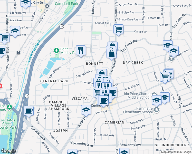 map of restaurants, bars, coffee shops, grocery stores, and more near 761 Union Avenue in Campbell