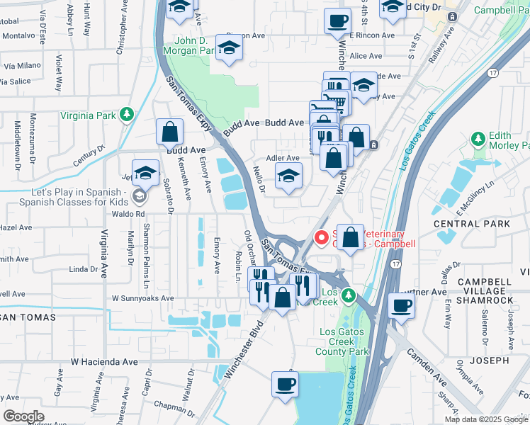 map of restaurants, bars, coffee shops, grocery stores, and more near 303 Friar Way in Campbell