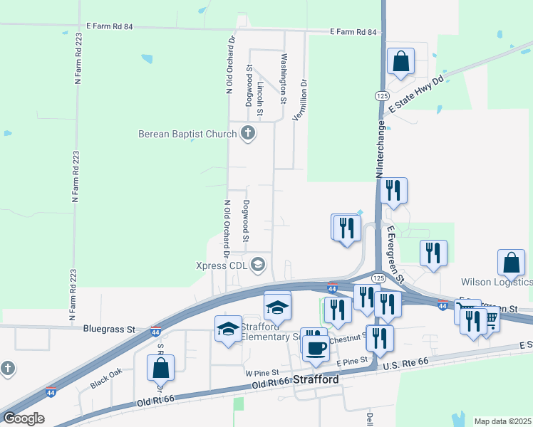 map of restaurants, bars, coffee shops, grocery stores, and more near 405 North Airport Road in Strafford