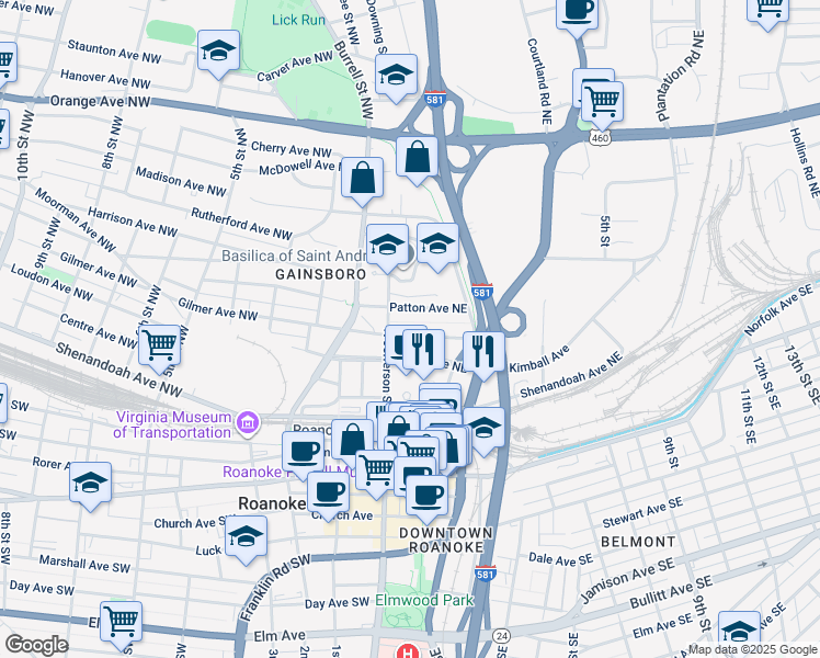 map of restaurants, bars, coffee shops, grocery stores, and more near 18 Gilmer Avenue Northeast in Roanoke