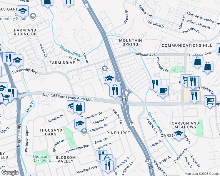 map of restaurants, bars, coffee shops, grocery stores, and more near 760 Hillsdale Avenue in San Jose