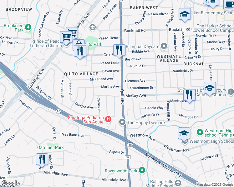 map of restaurants, bars, coffee shops, grocery stores, and more near 18553 McCoy Avenue in Saratoga