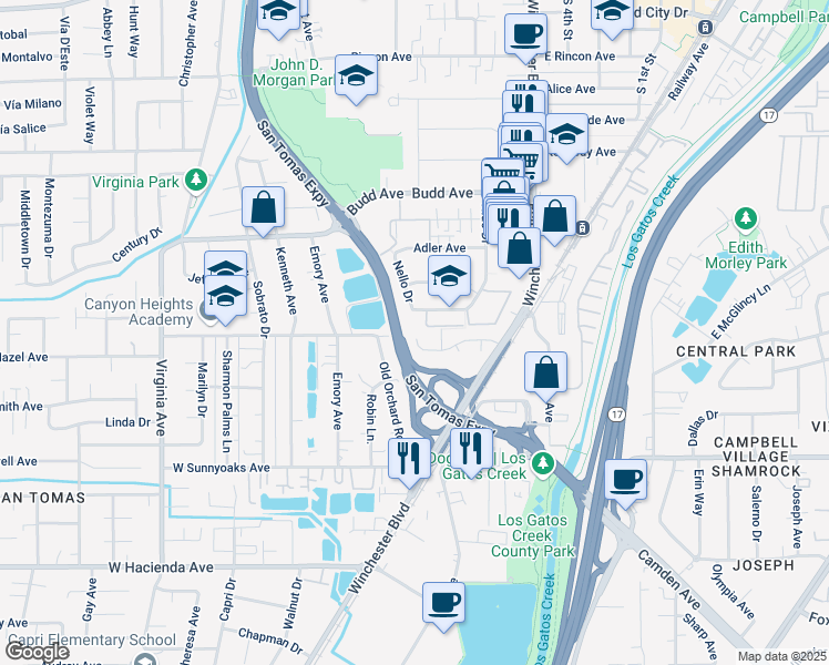 map of restaurants, bars, coffee shops, grocery stores, and more near 303 Friar Way in Campbell