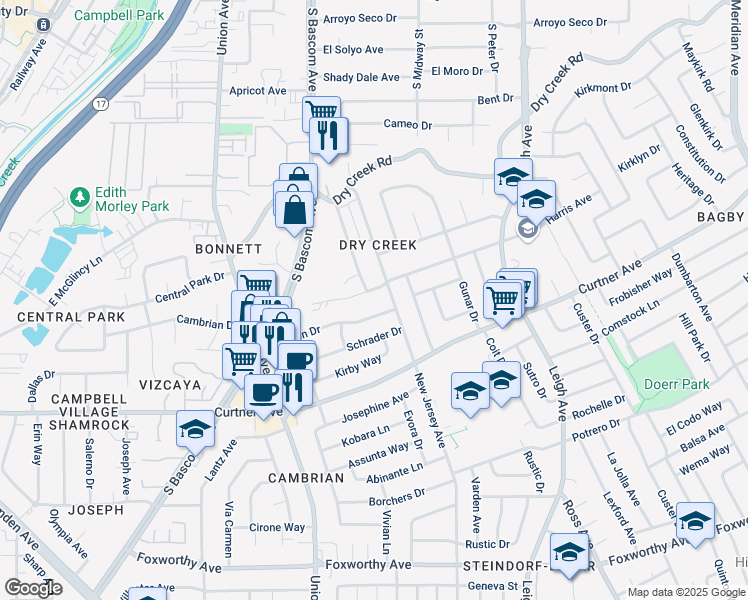 map of restaurants, bars, coffee shops, grocery stores, and more near 1960 Harris Avenue in San Jose