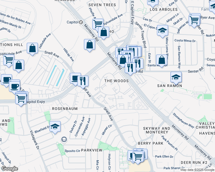 map of restaurants, bars, coffee shops, grocery stores, and more near 4300 The Woods Drive in San Jose