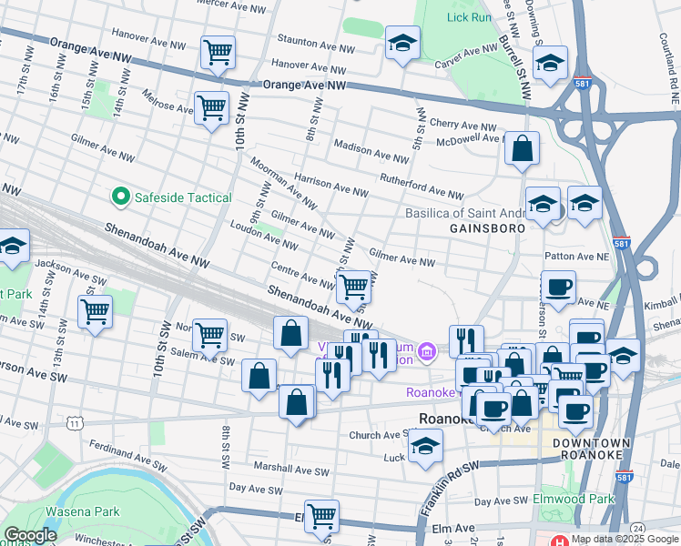 map of restaurants, bars, coffee shops, grocery stores, and more near 217 6th Street Northwest in Roanoke
