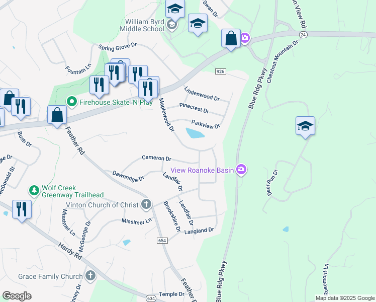 map of restaurants, bars, coffee shops, grocery stores, and more near 461 Maplewood Drive in Vinton