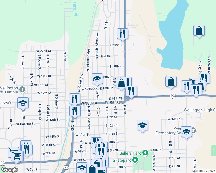 map of restaurants, bars, coffee shops, grocery stores, and more near 1203 North C Street in Wellington