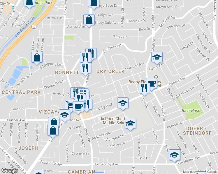map of restaurants, bars, coffee shops, grocery stores, and more near 1960 Harris Avenue in San Jose