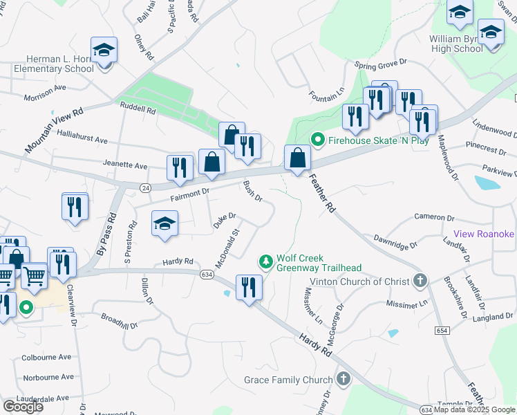 map of restaurants, bars, coffee shops, grocery stores, and more near 209 Bush Drive in Vinton