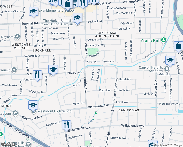 map of restaurants, bars, coffee shops, grocery stores, and more near 649 Ginden Drive in Campbell